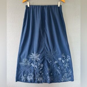 Johnny Was Blue Embroidered A-Line Skirt Birds Botanical Elastic Waist Small